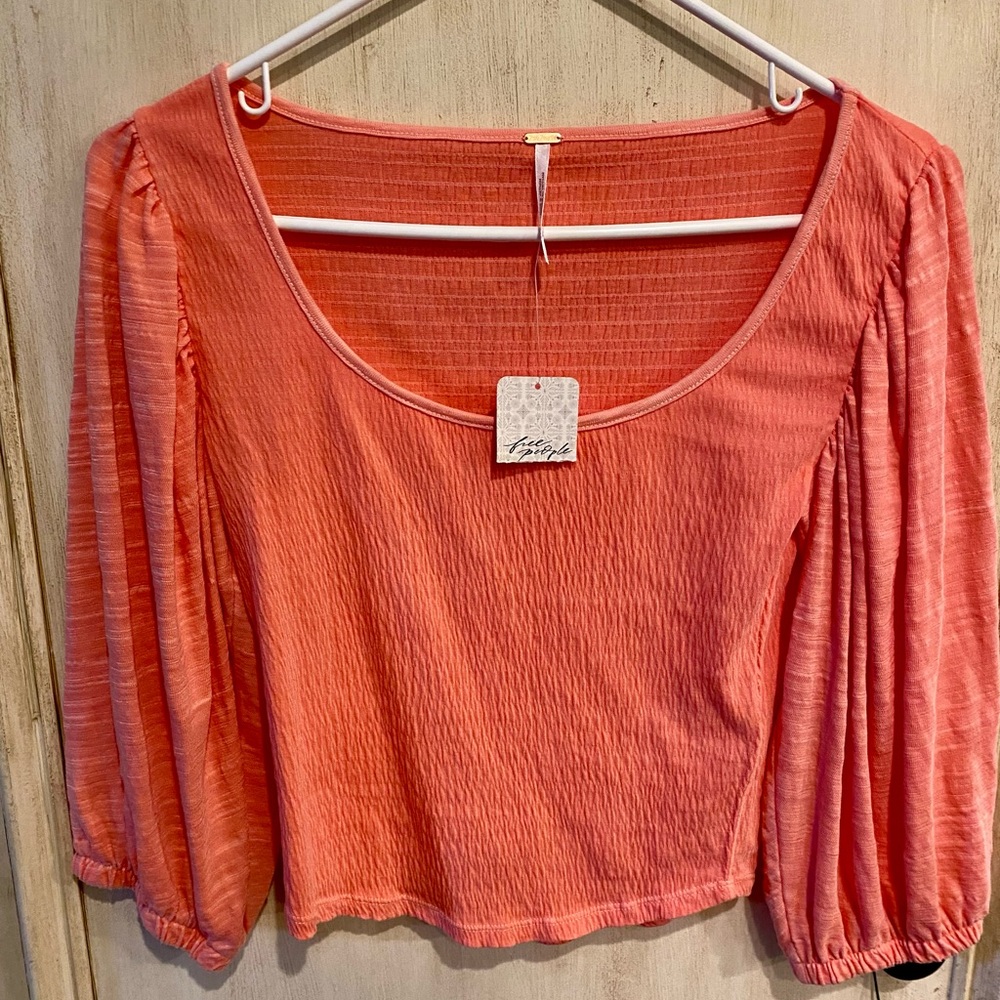 Free People Size Small Terracotta Scoop Neck Puff Sleeve Blouse